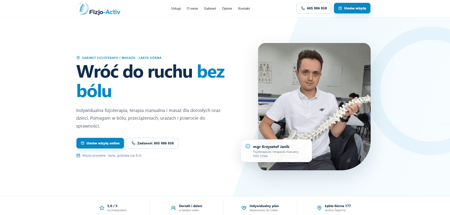 Fizjo-Activ — fizjoterapia — widok strony na komputerze