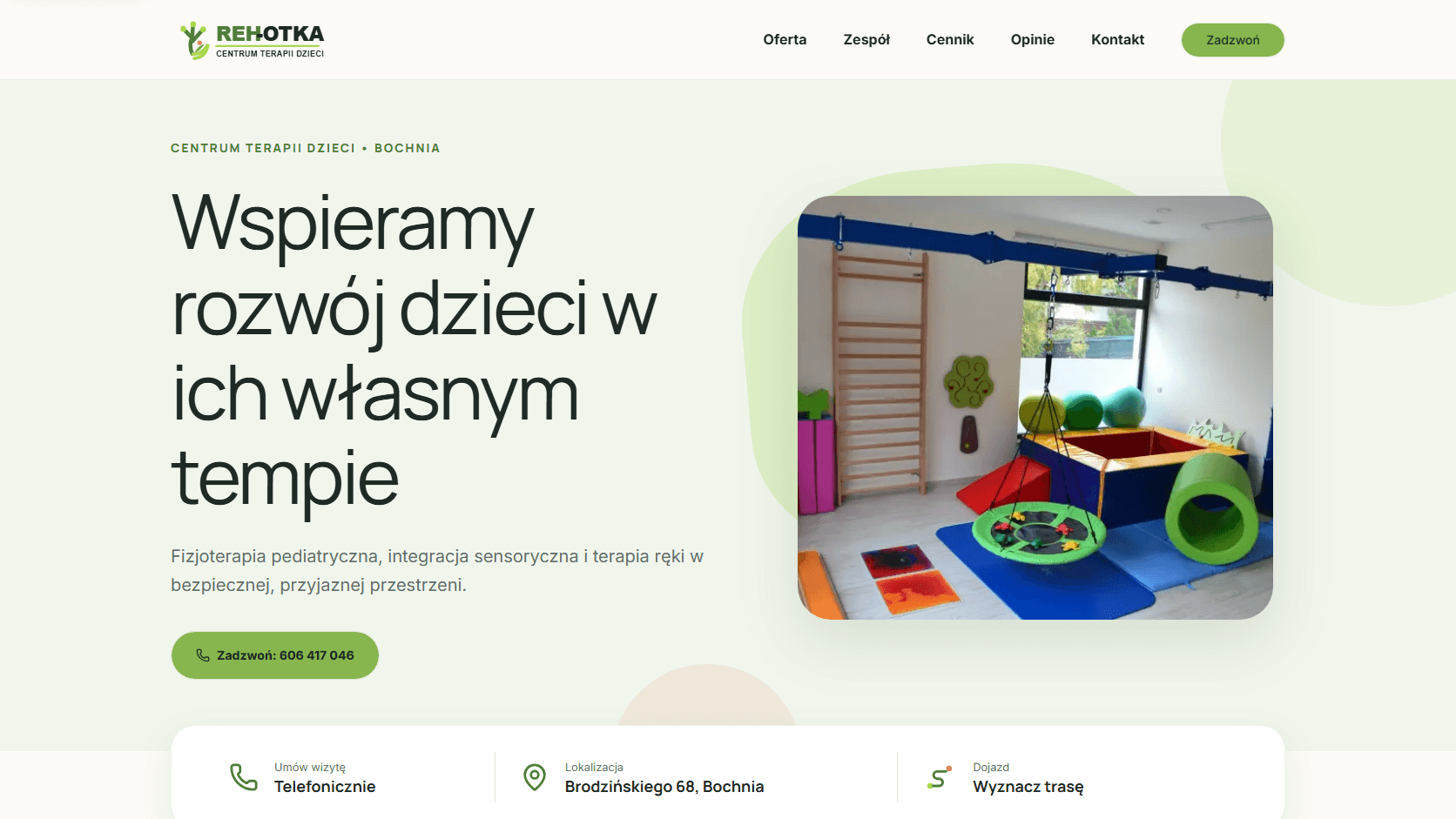 REH-OTKA — centrum terapii dzieci — widok strony na komputerze